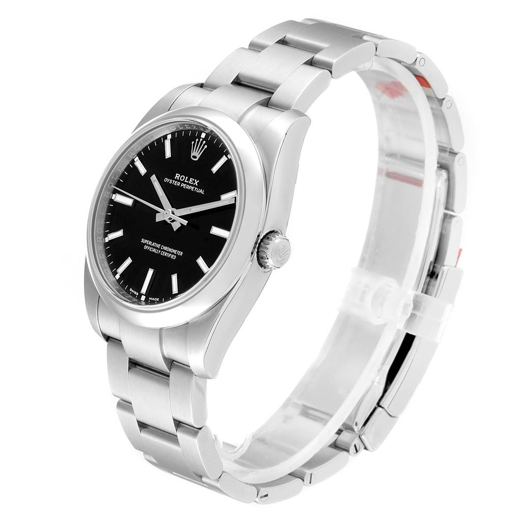 The Rolex Oyster Perpetual 114200 Men's Stainless Steel Black Dial 114200 Men's Stainless Steel Black Dial watch is shown at a three-quarter angle, highlighting its bracelet, bezel, crown, and black dial.