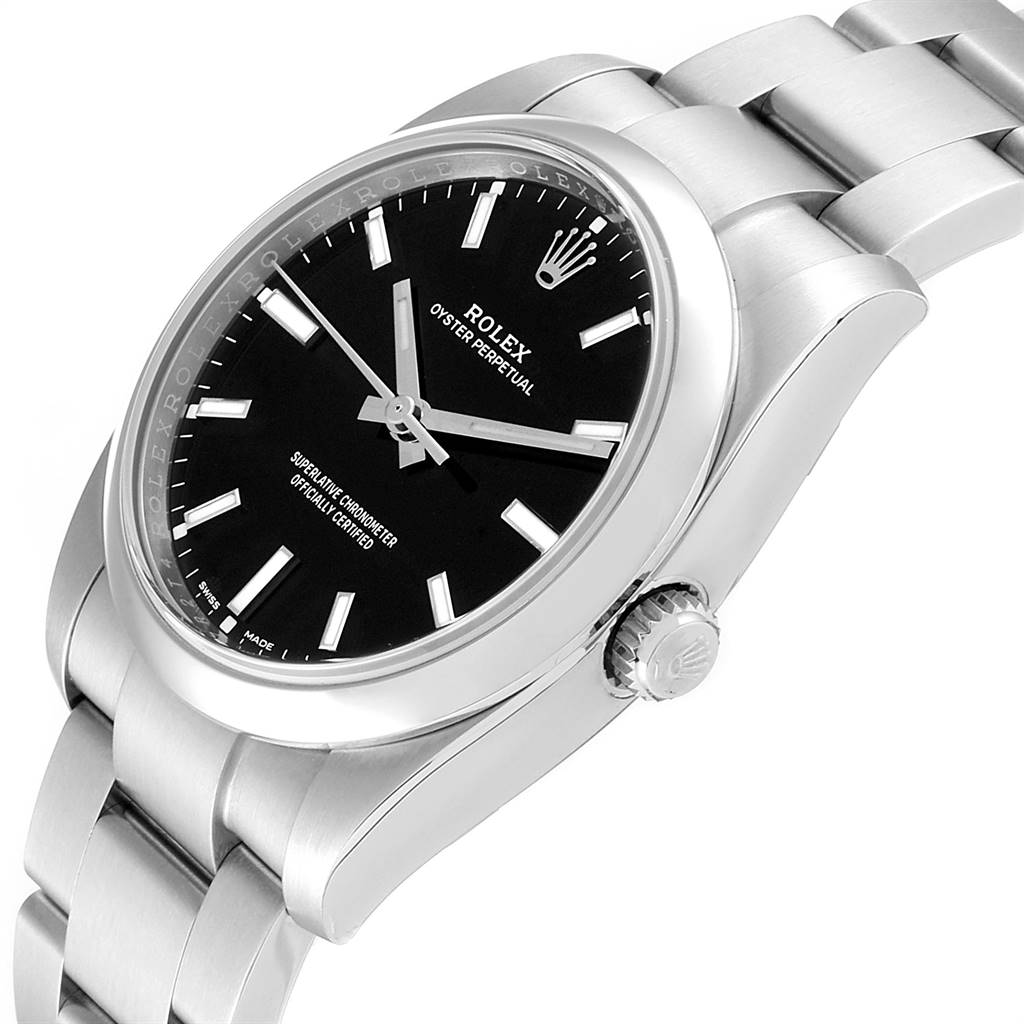 The Rolex Oyster Perpetual 114200 Men's Stainless Steel Black Dial 114200 Men's Stainless Steel Black Dial watch is shown at a three-quarter angle, highlighting the dial, bezel, case, crown, and part of the bracelet.