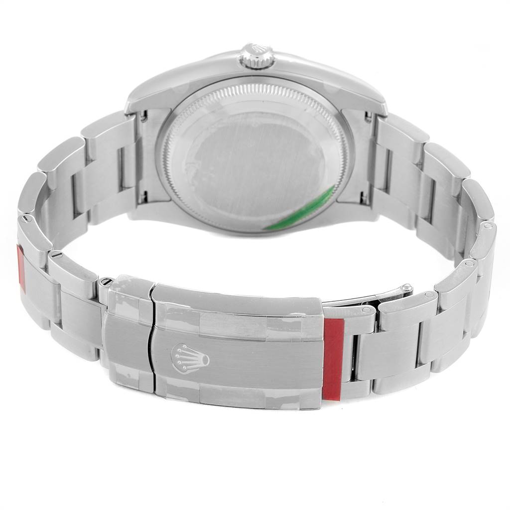 This image shows the back view of a Rolex Oyster Perpetual 114200 Men's Stainless Steel Black Dial 114200 Men's Stainless Steel Black Dial watch, highlighting its bracelet and clasp.