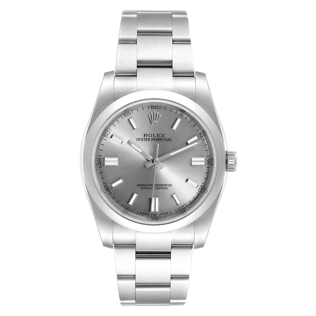 The image shows a front view of a Rolex Oyster Perpetual 116000 Men's Stainless Steel Grey Dial 116000 Men's Stainless Steel Grey Dial watch, highlighting the face, dial, hands, and stainless steel bracelet.