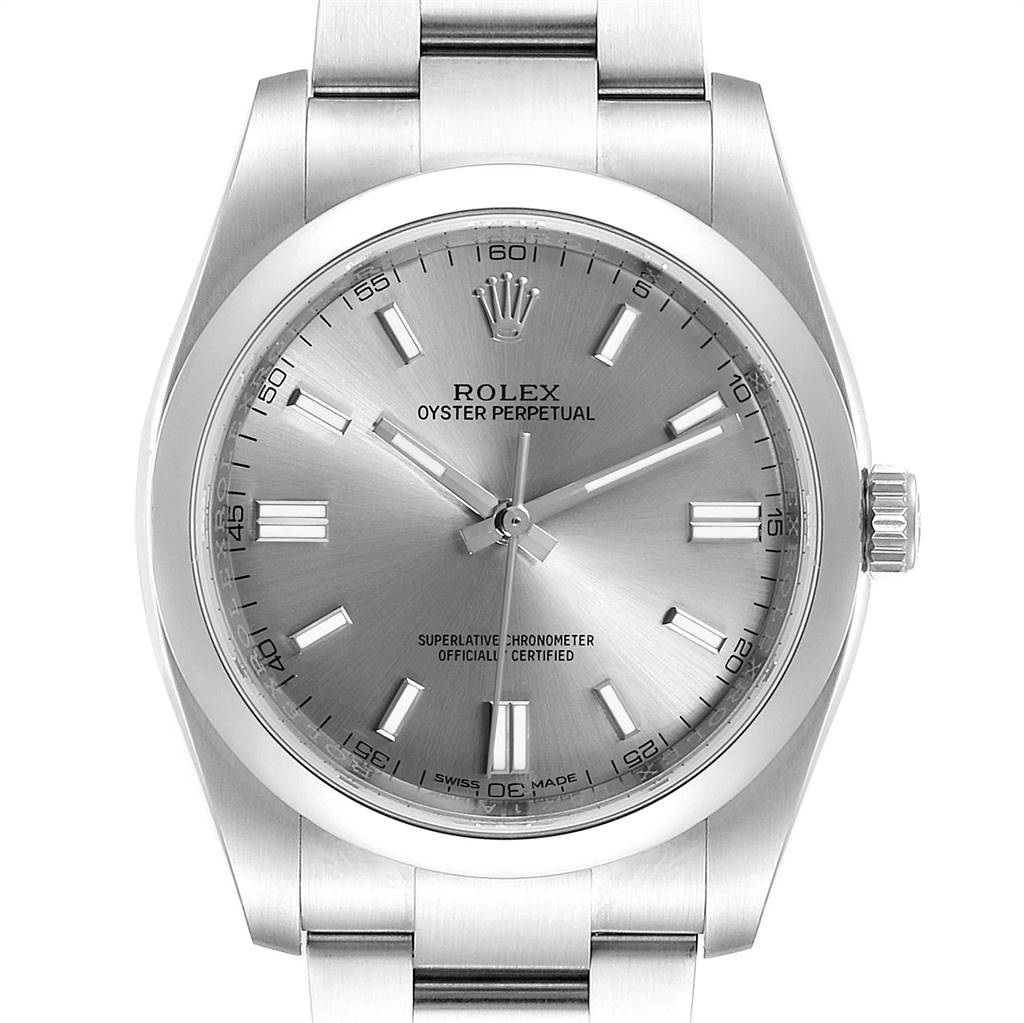 This image shows a front view of the Rolex Oyster Perpetual 116000 Men's Stainless Steel Grey Dial 116000 Men's Stainless Steel Grey Dial watch, highlighting the dial, hands, hour markers, and part of the bracelet.