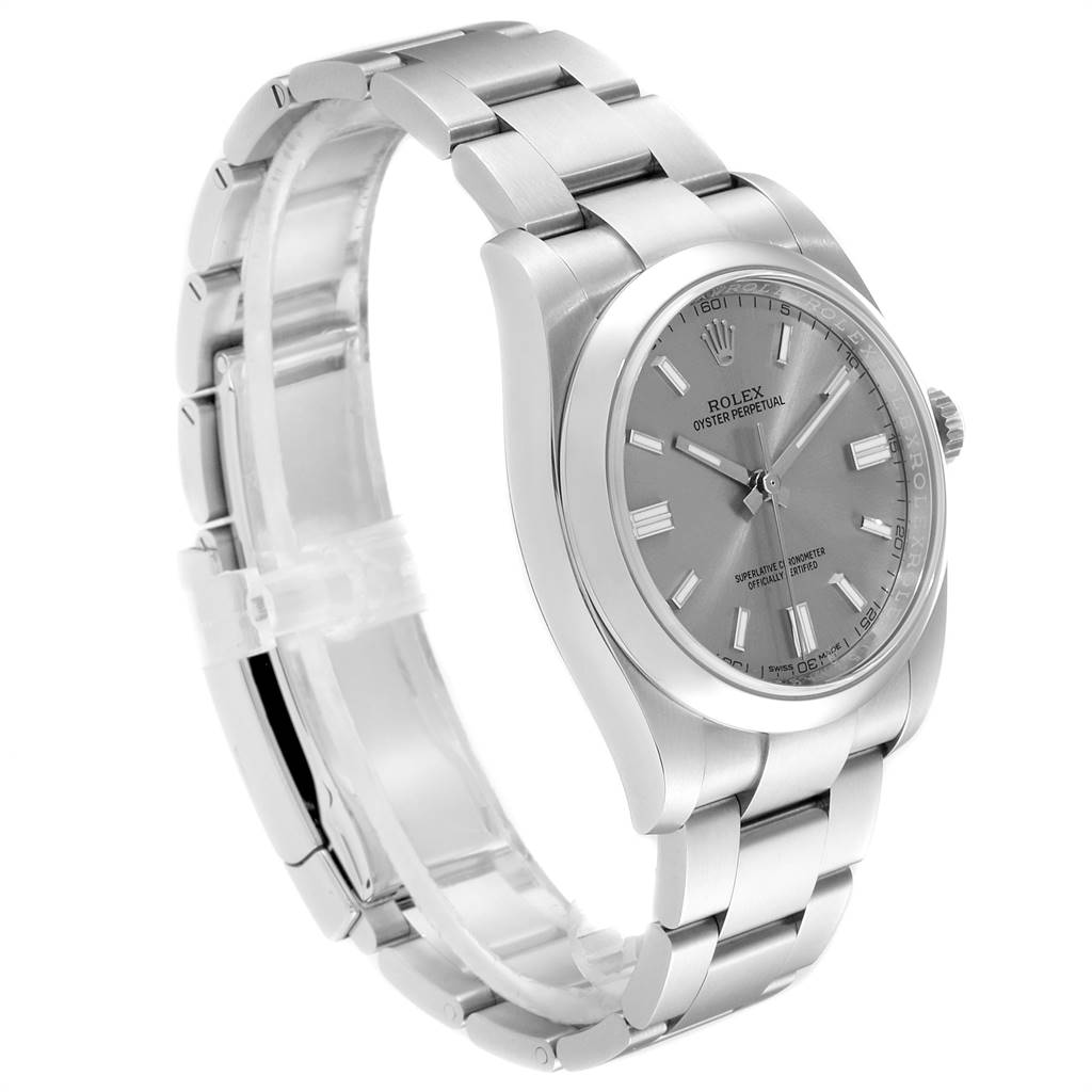 The Rolex Oyster Perpetual 116000 Men's Stainless Steel Grey Dial 116000 Men's Stainless Steel Grey Dial watch is shown at a three-quarter angle, highlighting the face, bezel, and bracelet.
