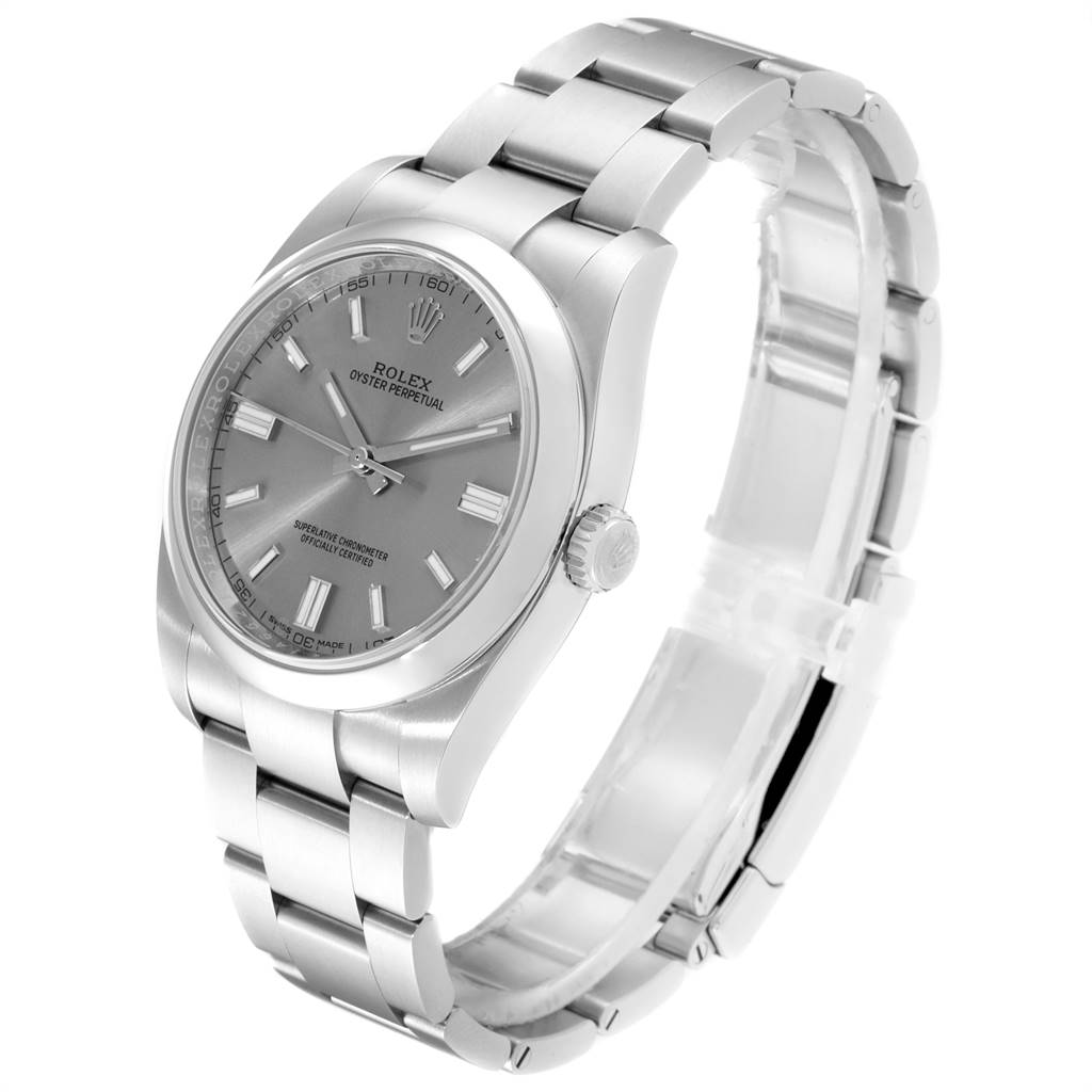 This image shows a side-angle view of a Rolex Oyster Perpetual 116000 Men's Stainless Steel Grey Dial 116000 Men's Stainless Steel Grey Dial watch, displaying its face, bezel, crown, and bracelet.
