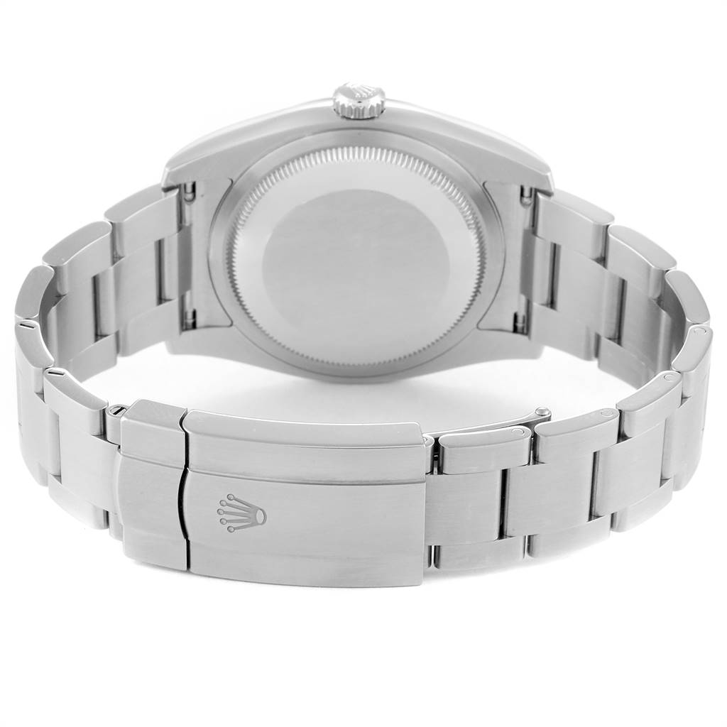 This image shows the back side, clasp, and bracelet of a Rolex Oyster Perpetual 116000 Men's Stainless Steel Grey Dial 116000 Men's Stainless Steel Grey Dial watch.