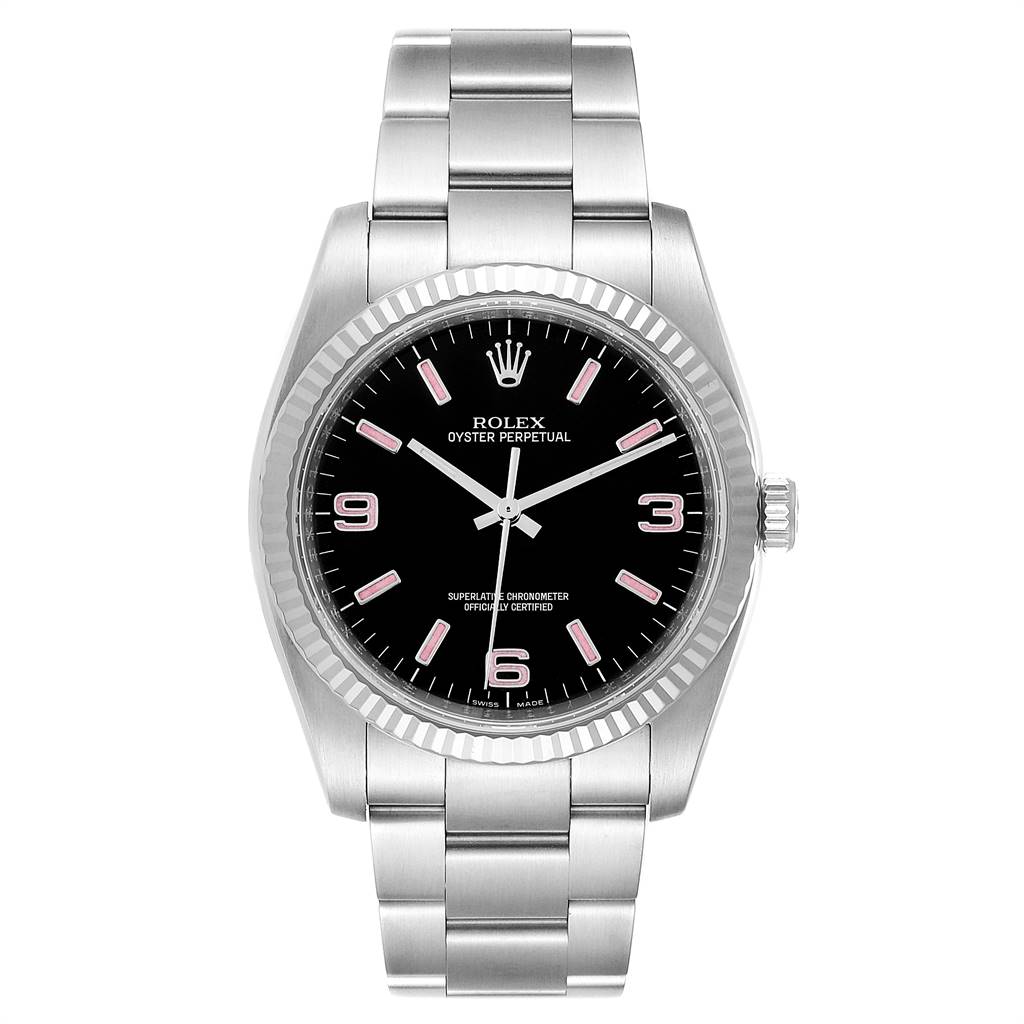 The image shows a front view of the Rolex Oyster Perpetual 116034 Men's Stainless Steel Black Dial 116034 Men's Stainless Steel Black Dial watch, displaying its black dial, silver bracelet, and crown.