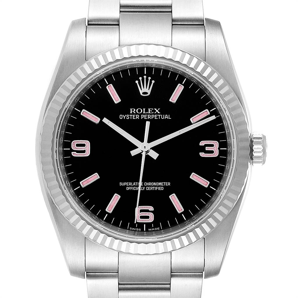The image shows a front view of a Rolex Oyster Perpetual 116034 Men's Stainless Steel Black Dial 116034 Men's Stainless Steel Black Dial watch, highlighting its black dial, fluted bezel, and stainless steel bracelet.