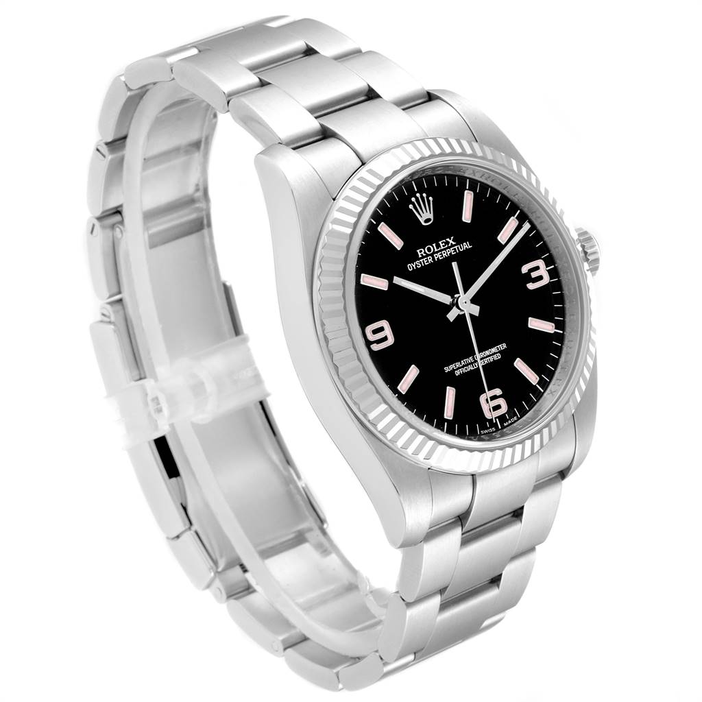 The image shows a side and angled view of a Rolex Oyster Perpetual 116034 Men's Stainless Steel Black Dial 116034 Men's Stainless Steel Black Dial watch displaying the face, bracelet, and clasp.