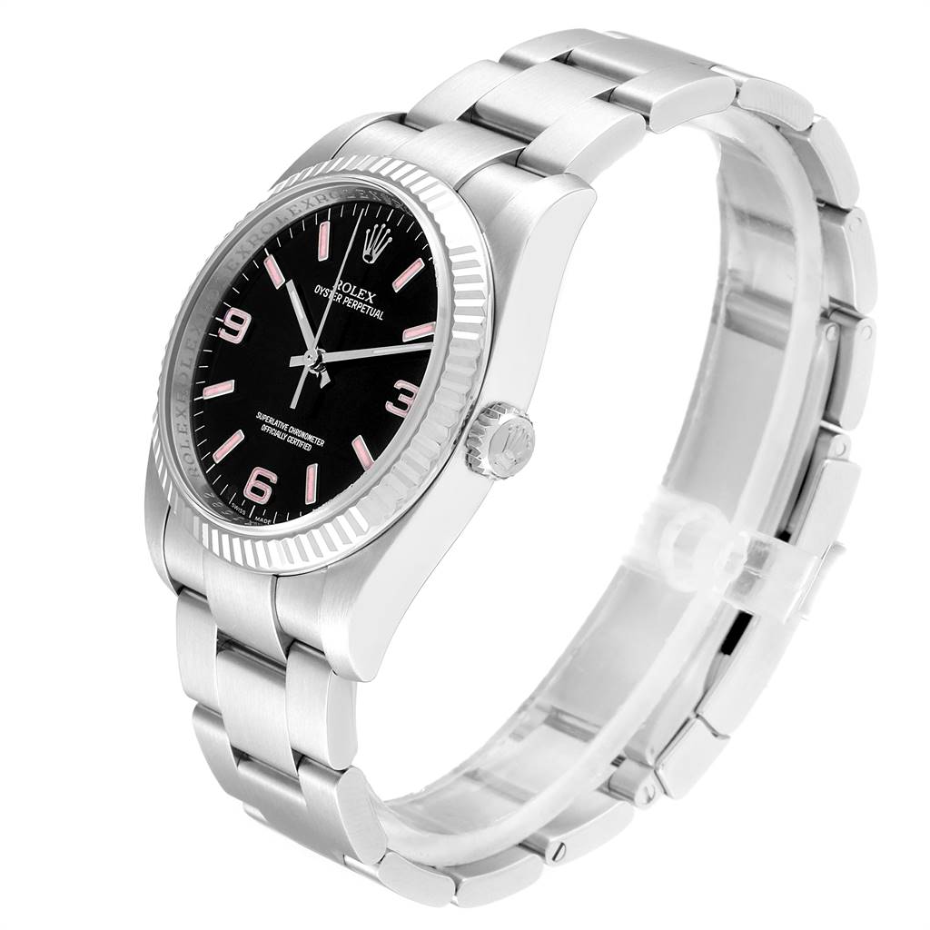 The image shows a side angle view of a Rolex Oyster Perpetual 116034 Men's Stainless Steel Black Dial 116034 Men's Stainless Steel Black Dial watch highlighting the black dial, fluted bezel, and stainless steel bracelet.