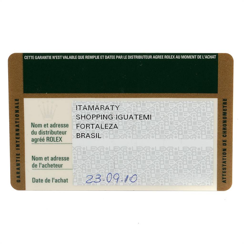 The image shows a warranty card for the Rolex Oyster Perpetual 116034 Men's Stainless Steel Black Dial 116034 Men's Stainless Steel Black Dial watch model.