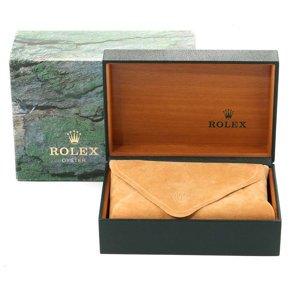 The image shows the box and suede pouch for a Rolex Oyster Perpetual 14203 Men's Steel and Gold (two tone) Grey Dial 14203 Men's Steel and Gold (two tone) Grey Dial watch, displayed at a frontal angle.