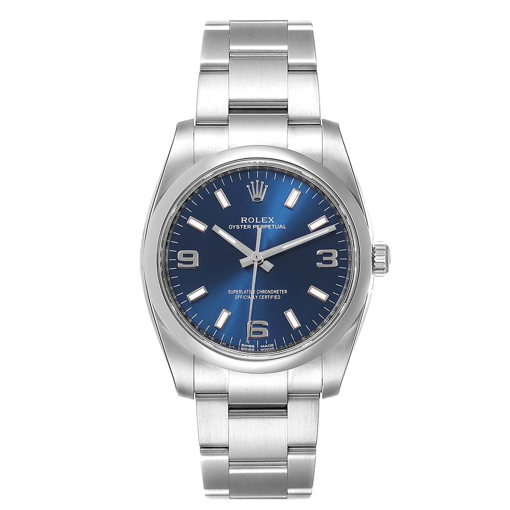 This image shows a front view of a Rolex Oyster Perpetual 114200 Men's Stainless Steel Blue Dial 114200 Men's Stainless Steel Blue Dial watch featuring a blue dial and stainless steel bracelet.