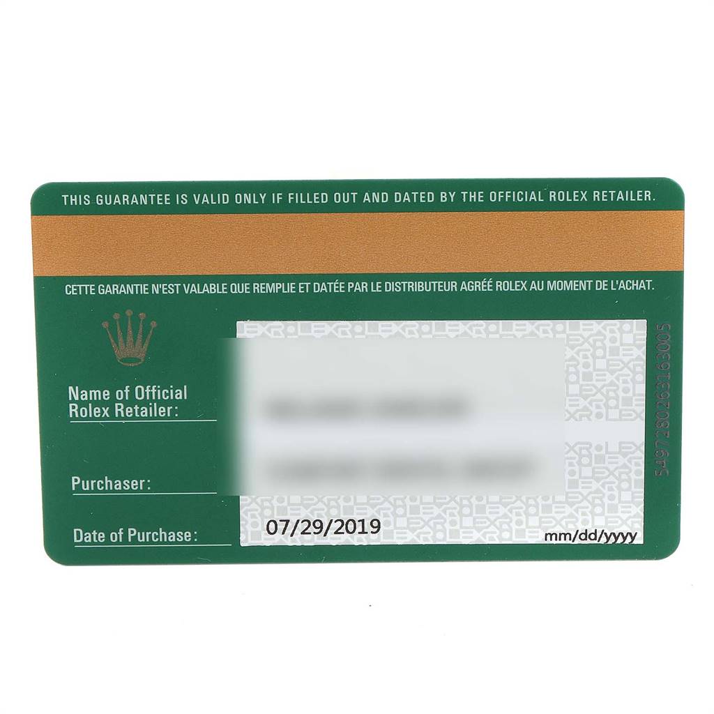 This image shows the warranty card for a Rolex Datejust 126200 Men's Stainless Steel Blue Dial 126200 Men's Stainless Steel Blue Dial model, including purchase details and official retailer information.