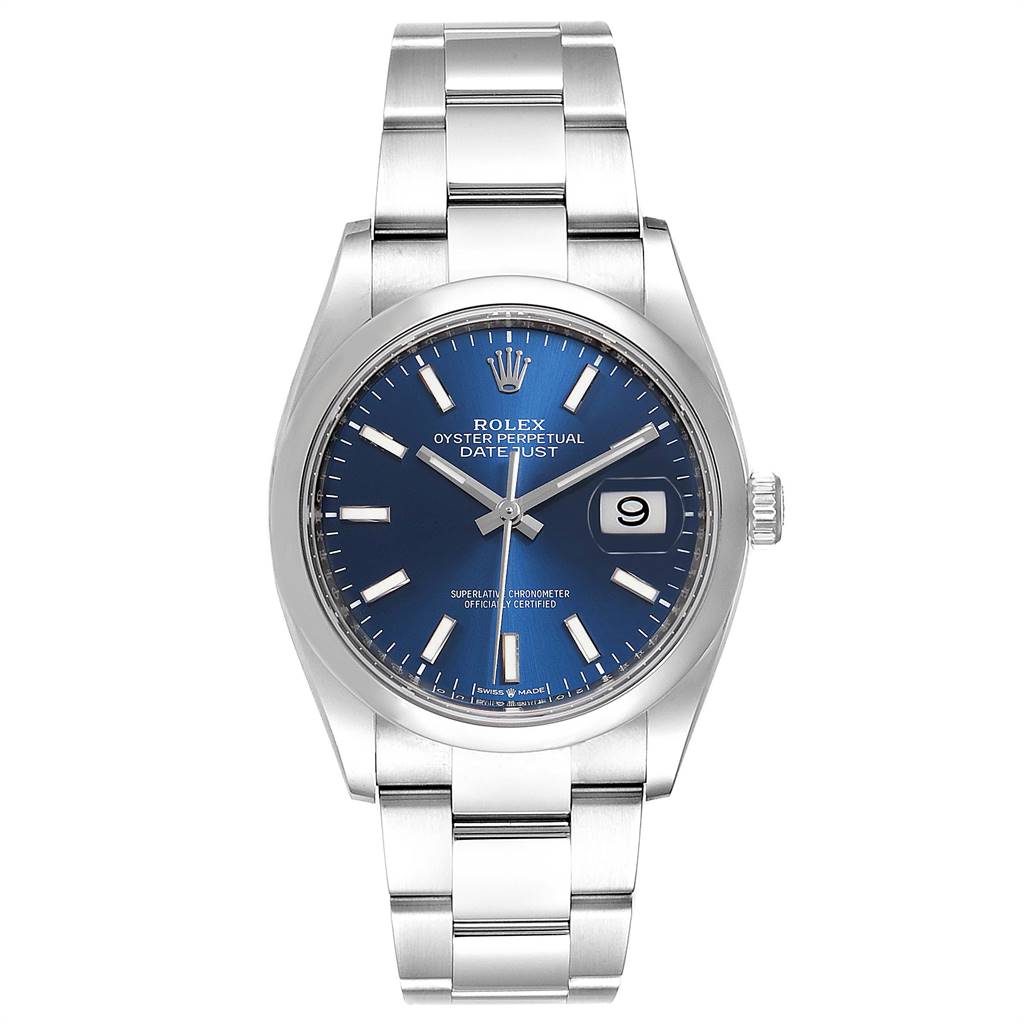 This image shows a front view of the Rolex Datejust 126200 Men's Stainless Steel Blue Dial 126200 Men's Stainless Steel Blue Dial watch, highlighting its blue dial, metal bracelet, and date display.