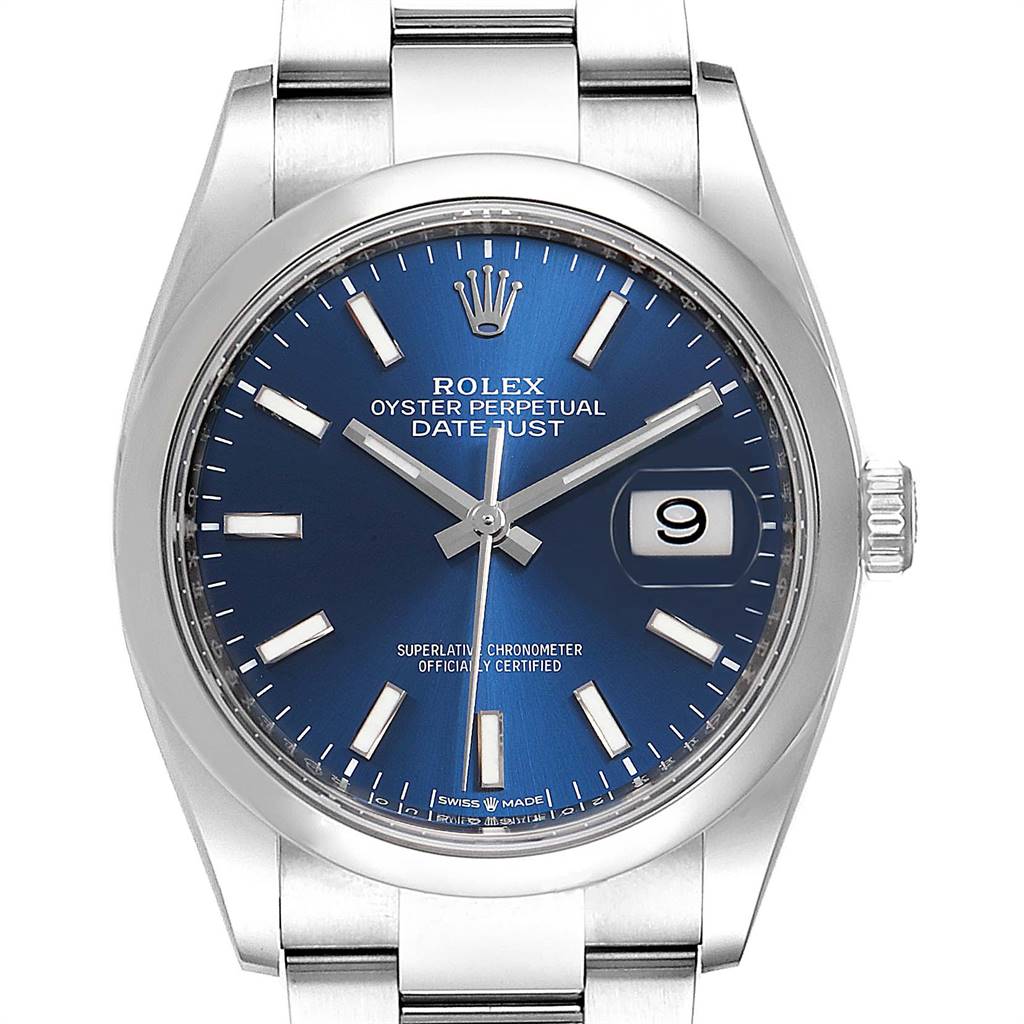The image shows a front view of a Rolex Datejust 126200 Men's Stainless Steel Blue Dial 126200 Men's Stainless Steel Blue Dial watch featuring a blue dial, date window, and Oyster bracelet.