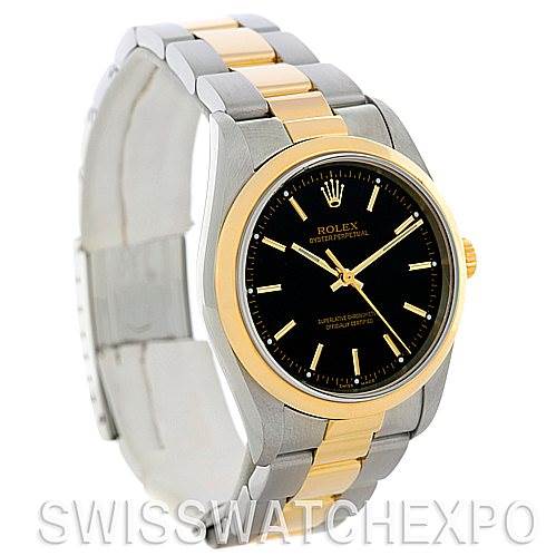 This image shows a Rolex Oyster Perpetual 14203 Men's Steel and Gold (two tone) Black Dial 14203 Men's Steel and Gold (two tone) Black Dial watch at a front angle, highlighting the black dial, gold bezel, and two-tone bracelet.