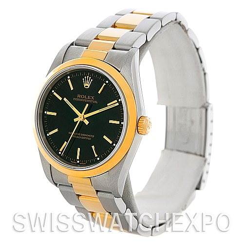 The image shows a Rolex Oyster Perpetual 14203 Men's Steel and Gold (two tone) Black Dial 14203 Men's Steel and Gold (two tone) Black Dial watch at a 3/4 angle, displaying the face, bezel, crown, and two-tone bracelet.