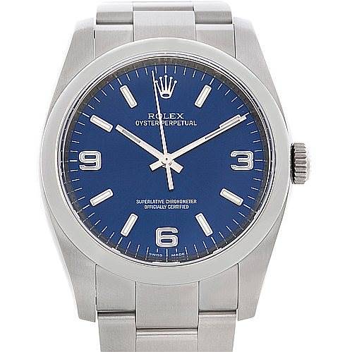 This image shows a front view of a Rolex Oyster Perpetual watch with a blue dial, stainless steel case, and bracelet.