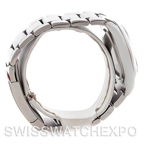 This image shows a side view of a Rolex Oyster Perpetual 116000BLASO Men's Stainless Steel Blue Dial 116000BLASO Men's Stainless Steel Blue Dial watch, focusing on its stainless steel bracelet and case.