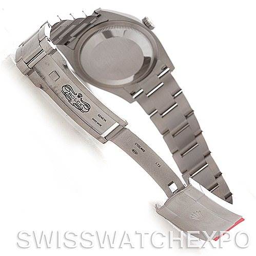 This image shows the back and open clasp of a Rolex Oyster Perpetual 116000BLASO Men's Stainless Steel Blue Dial 116000BLASO Men's Stainless Steel Blue Dial watch, highlighting the bracelet and clasp details.