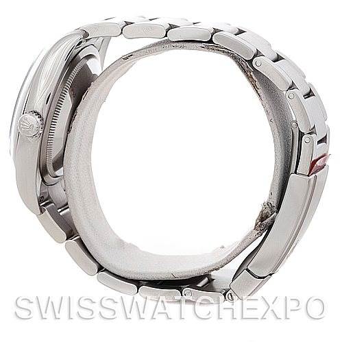 This image shows a side view of a Rolex Oyster Perpetual 116000BLASO Men's Stainless Steel Blue Dial 116000BLASO Men's Stainless Steel Blue Dial watch, focusing on its band and clasp.