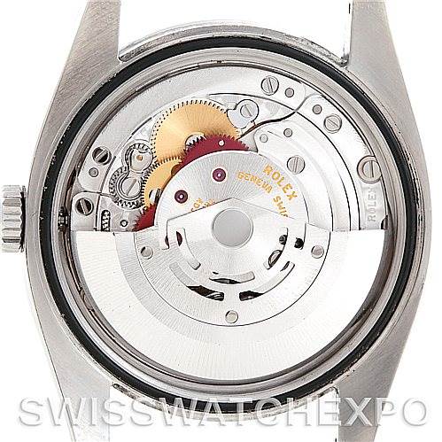 This image shows the back view of a Rolex Oyster Perpetual 116000 Men's Stainless Steel Black Dial 116000 Men's Stainless Steel Black Dial watch, revealing its internal movement components.