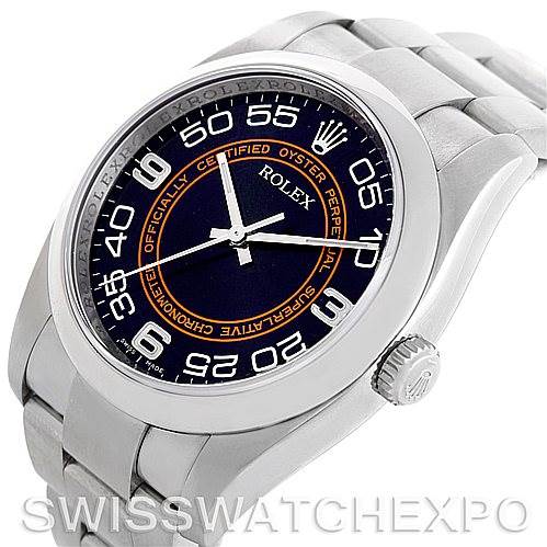 The image shows a side and front angled view of the Rolex Oyster Perpetual 116000 Men's Stainless Steel Black Dial 116000 Men's Stainless Steel Black Dial watch, highlighting the face, bezel, and bracelet.