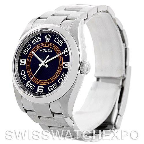 This image shows a side and front angle of a Rolex Oyster Perpetual 116000 Men's Stainless Steel Black Dial 116000 Men's Stainless Steel Black Dial watch, highlighting its dial and metal bracelet.