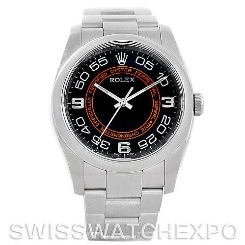 This image shows a frontal view of a Rolex Oyster Perpetual 116000 Men's Stainless Steel Black Dial 116000 Men's Stainless Steel Black Dial watch, displaying the face, bezel, and bracelet.