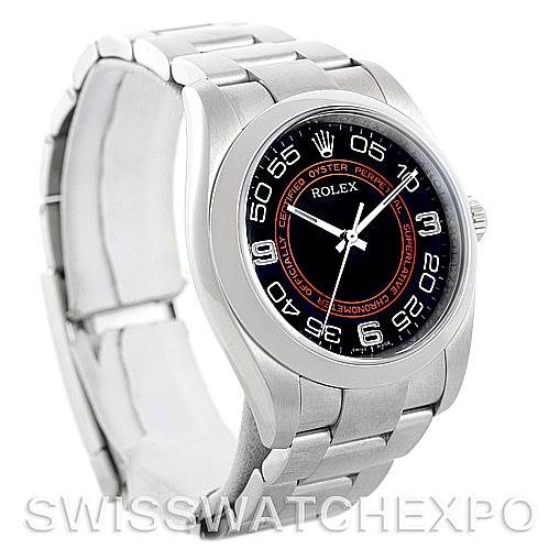 This image shows a Rolex Oyster Perpetual 116000 Men's Stainless Steel Black Dial 116000 Men's Stainless Steel Black Dial watch at an angle showcasing its face, bezel, and metal bracelet.