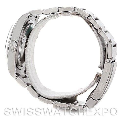 Side view of the Rolex Oyster Perpetual 116000 Men
s Stainless Steel Silver Dial 116000 Men
s Stainless Steel Silver Dial watch, featuring the case and the metal bracelet.