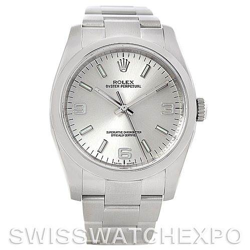 The Rolex Oyster Perpetual 116000 Men
s Stainless Steel Silver Dial 116000 Men
s Stainless Steel Silver Dial watch is shown from the front, displaying the dial, bezel, bracelet, and crown.