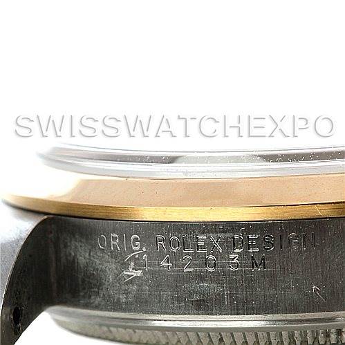 The image shows a side view of the case body and bezel of a Rolex Oyster Perpetual 14203 Men's Steel and Gold (two tone) Blue Dial 14203 Men's Steel and Gold (two tone) Blue Dial watch, highlighting the model number engraving.