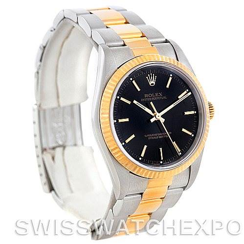 The image shows a Rolex Oyster Perpetual 14233 Men's Steel and Gold (two tone) Black Dial 14233 Men's Steel and Gold (two tone) Black Dial watch at an angle that displays the face, bezel, and bracelet.