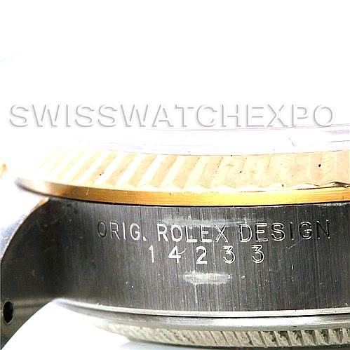 This image shows a side view of the Oyster Perpetual Rolex watch, highlighting the model number and the "Orig. Rolex Design" engraving.