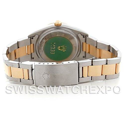 This image shows the back view of a Rolex Oyster Perpetual 14233 Men's Steel and Gold (two tone) Black Dial 14233 Men's Steel and Gold (two tone) Black Dial watch, highlighting the bracelet, clasp, and case back.