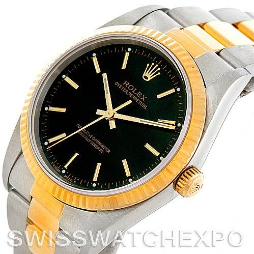 The image shows a Rolex Oyster Perpetual 14233 Men's Steel and Gold (two tone) Black Dial 14233 Men's Steel and Gold (two tone) Black Dial watch angled slightly to display the dial, bezel, crown, and part of the bracelet.