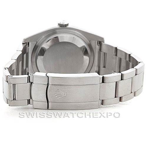 The image shows the back view of a Rolex Oyster Perpetual 116034 Men's Stainless Steel Black Dial 116034 Men's Stainless Steel Black Dial watch, highlighting the bracelet and clasp.