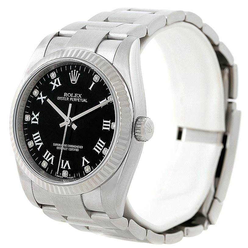 The image shows a Rolex Oyster Perpetual 116034 Men
s Stainless Steel Black Dial 116034 Men
s Stainless Steel Black Dial watch with a silver metal bracelet and a black dial, viewed from a front-left angle.