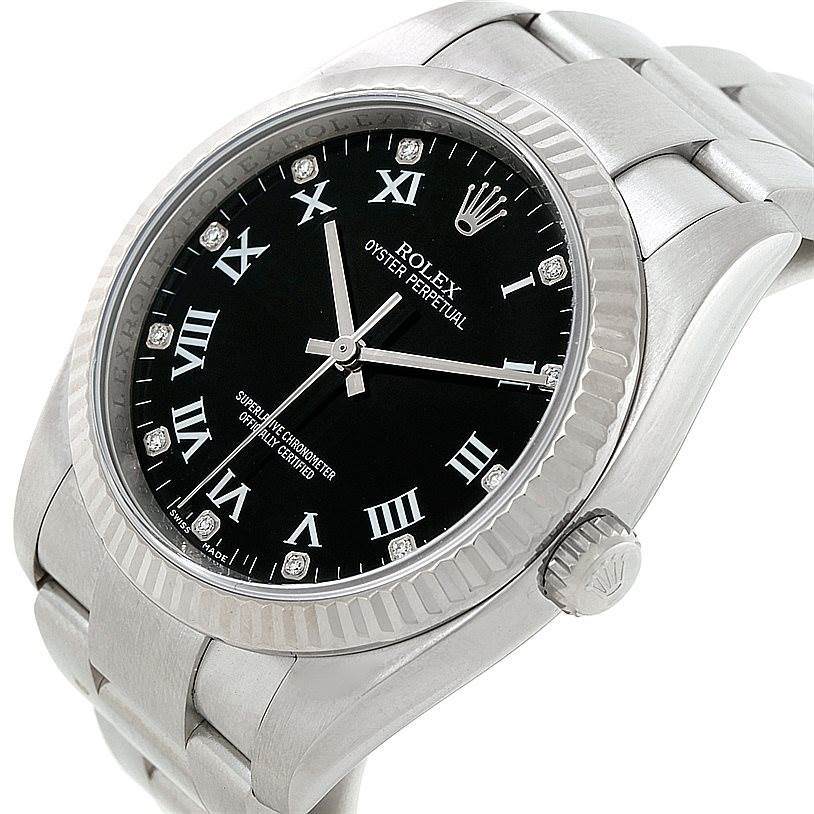 The image shows a close-up angle of the Rolex Oyster Perpetual 116034 Men
s Stainless Steel Black Dial 116034 Men
s Stainless Steel Black Dial watch, highlighting the black dial, Roman numeral markers, bezel, and bracelet.