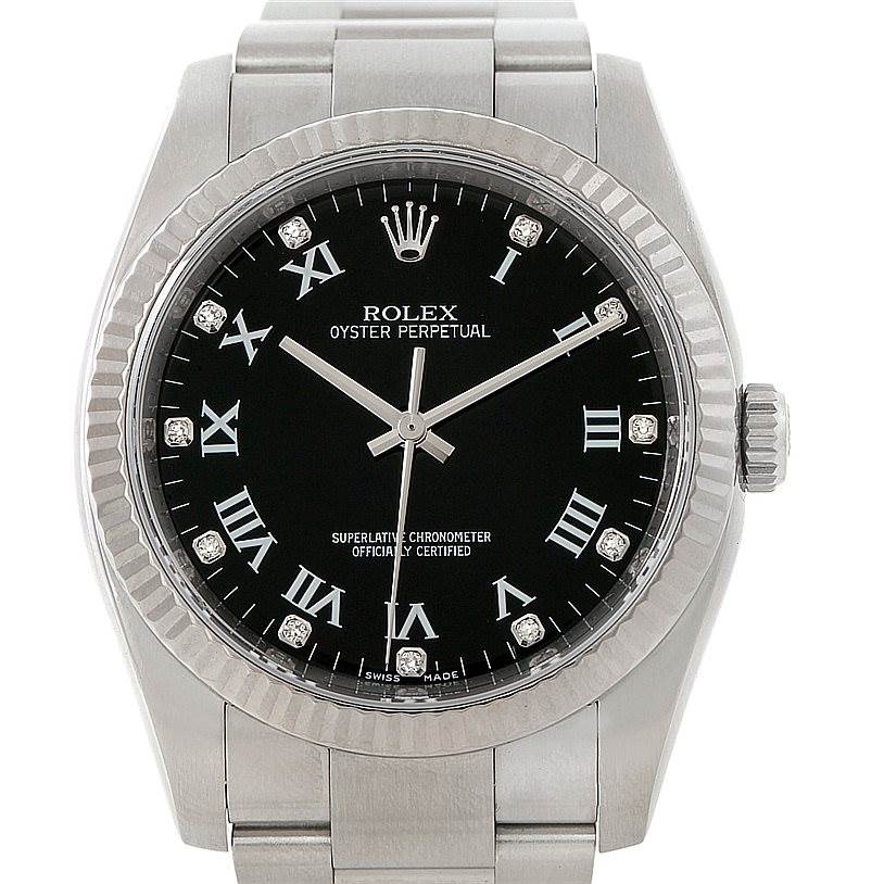 This is a front view of the Rolex Oyster Perpetual 116034 Men
s Stainless Steel Black Dial 116034 Men
s Stainless Steel Black Dial watch, showing the black dial, Roman numerals, and stainless steel bracelet.