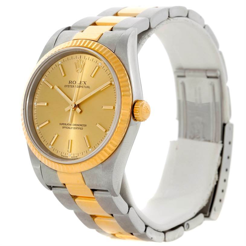 This Rolex Oyster Perpetual 14233 Men's Steel and Gold (two tone) Champagne Dial 14233 Men's Steel and Gold (two tone) Champagne Dial watch is shown at a 3/4 angle, highlighting the dial, bezel, and bracelet.