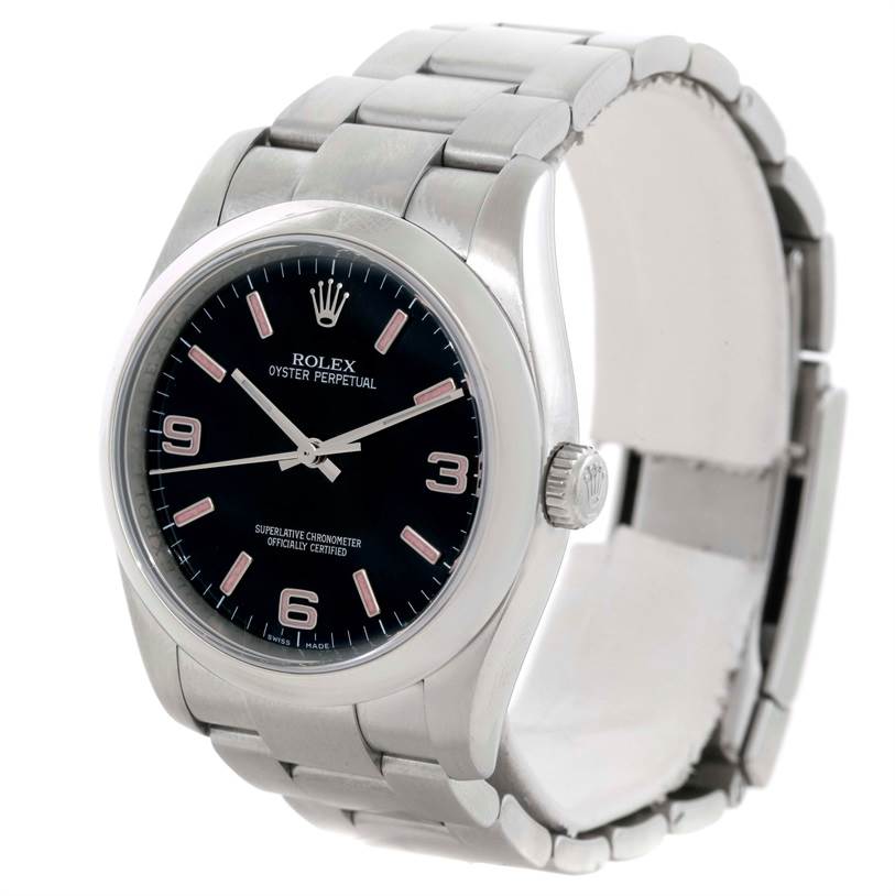 The image shows a front-angle view of a Rolex Oyster Perpetual M831438 Men's Stainless Steel Black Dial M831438 Men's Stainless Steel Black Dial watch displaying the dial, bezel, crown, and part of the bracelet.