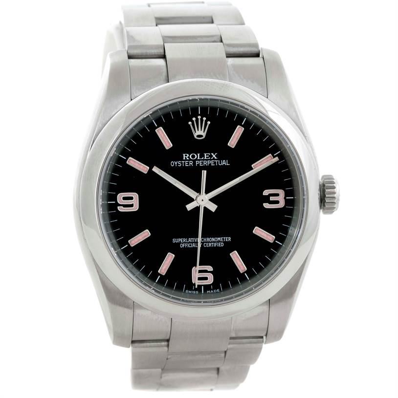 Front view of a Rolex Oyster Perpetual M831438 Men's Stainless Steel Black Dial M831438 Men's Stainless Steel Black Dial watch displaying the dial, hands, crown, and bracelet.