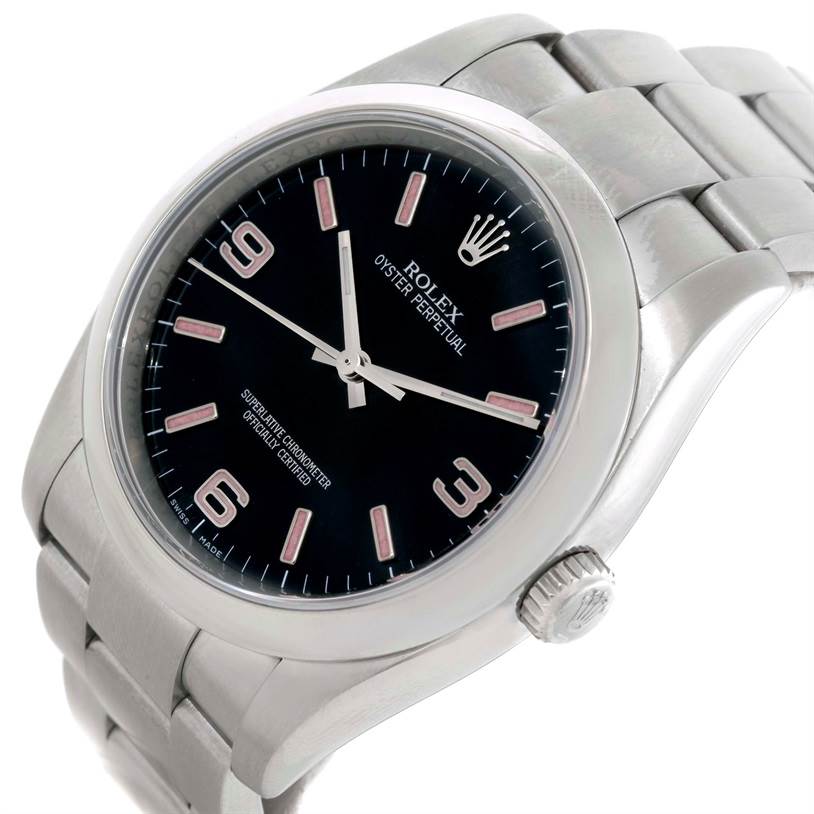 This Rolex Oyster Perpetual M831438 Men's Stainless Steel Black Dial M831438 Men's Stainless Steel Black Dial watch is shown at a slight angle, focusing on the dial, bezel, crown, and part of the bracelet.