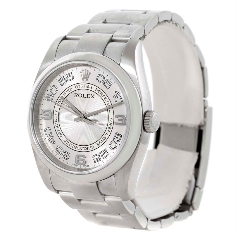 The image shows a Rolex Oyster Perpetual 116000 Men's Stainless Steel Silver Dial 116000 Men's Stainless Steel Silver Dial watch angled from the front-left, highlighting its dial, bezel, bracelet, and crown.