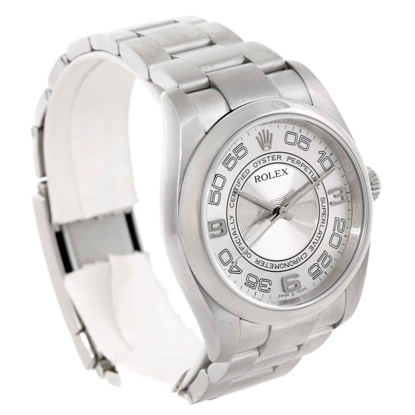 The image shows a front angle of the Rolex Oyster Perpetual 116000 Men's Stainless Steel Silver Dial 116000 Men's Stainless Steel Silver Dial watch, highlighting its dial and bracelet.