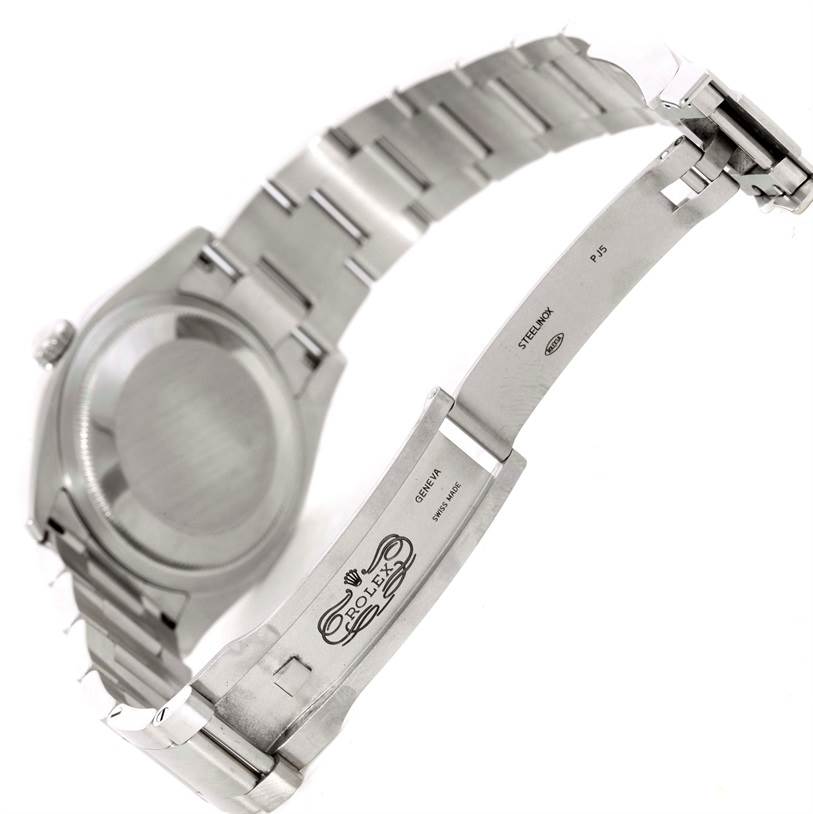 The image shows the backside and bracelet of a Rolex Oyster Perpetual 116000 Men's Stainless Steel Silver Dial 116000 Men's Stainless Steel Silver Dial model watch, highlighting the clasp and case back.