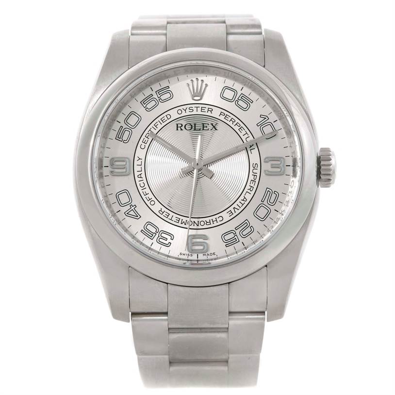 The Rolex Oyster Perpetual 116000 Men's Stainless Steel Silver Dial 116000 Men's Stainless Steel Silver Dial watch is shown from a front angle, displaying the entire face and bracelet.