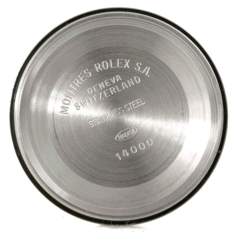 This image shows the inside of the case back of a Rolex Oyster Perpetual 14203 Men
s Steel and Gold (two tone) Grey Dial 14203 Men
s Steel and Gold (two tone) Grey Dial, model number 14000.