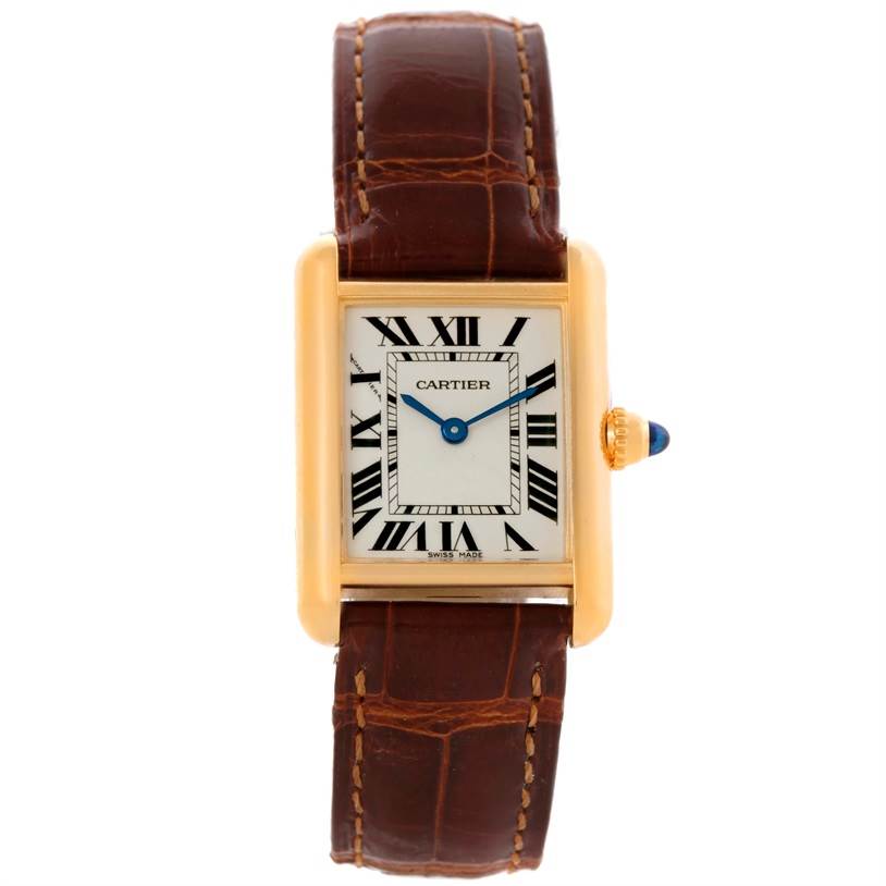 The image shows a Tank Louis model by Cartier from a front view, displaying its rectangular dial, Roman numerals, and brown leather strap.